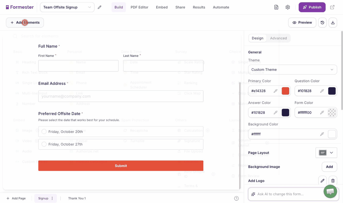 Adding a Stripe payment element to an event registration form in the Formester builder