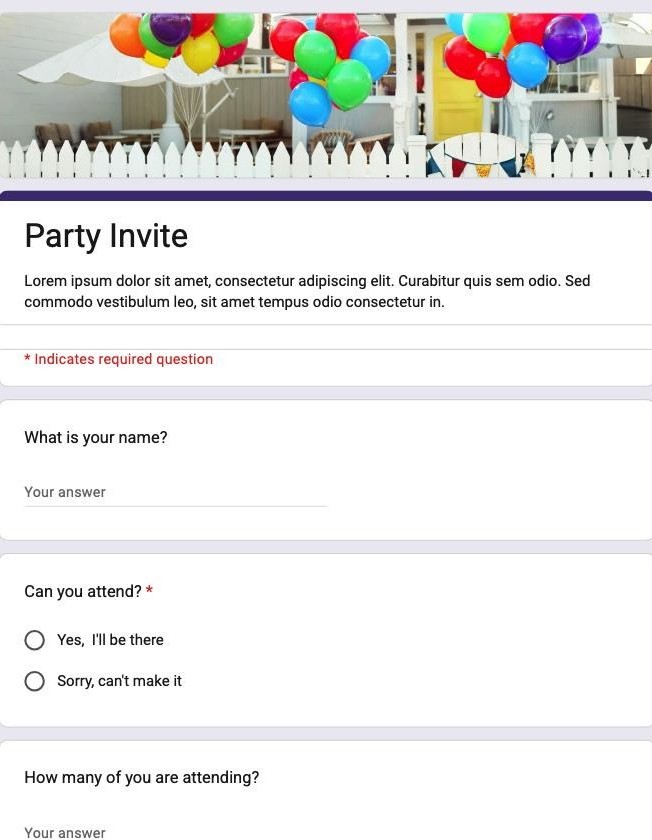 Google Forms Party Invite template showing a name field, attendance choice and party size question