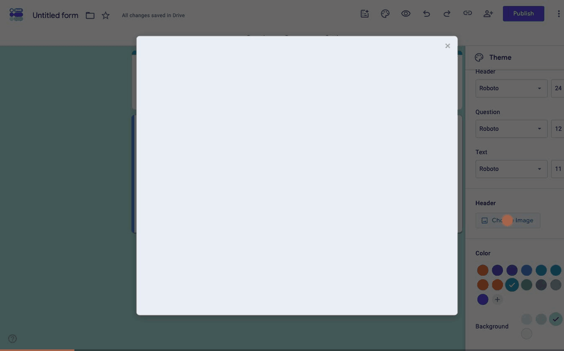 Adding a header image to a Google Form through the Select Header dialog, ending with the image across the top of the form