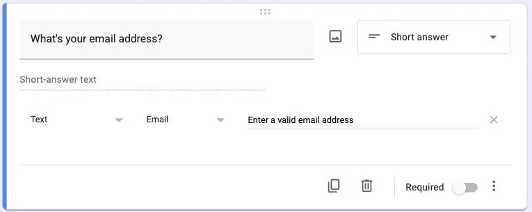 Text validation set to Email address on a short answer question in Google Forms