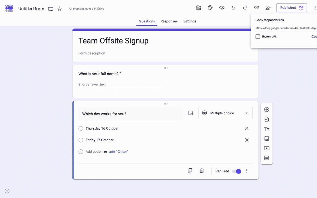 Opening Copy responder link in Google Forms, ticking Shorten URL and copying the forms.gle link