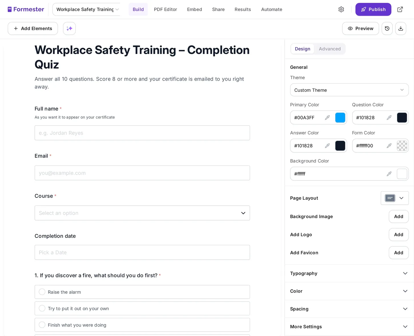 A Workplace Safety Training completion quiz in the Formester form builder with full name, email, course and completion date fields above the first quiz question