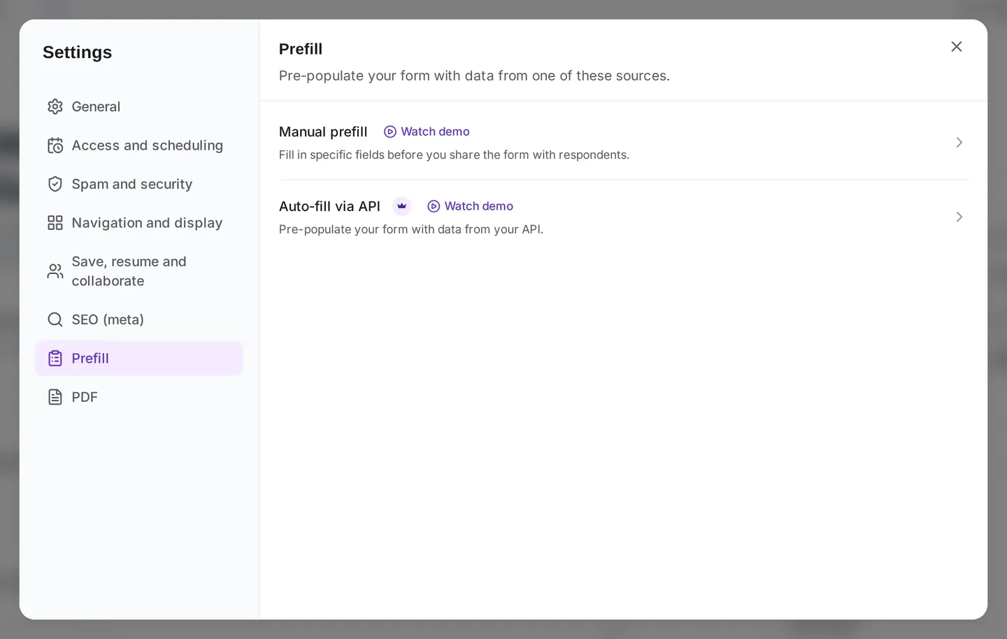 Formester form settings with the Prefill section open, showing Manual prefill and Auto-fill via API