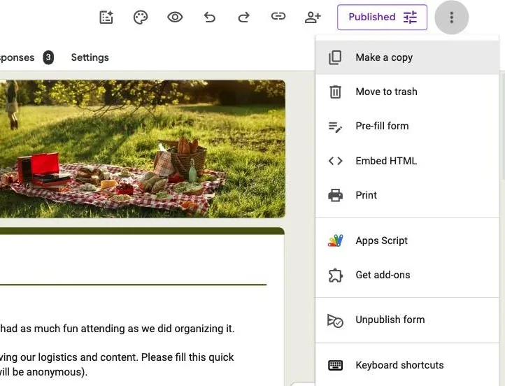 The Google Forms editor three-dot menu open, with Print listed below Embed HTML