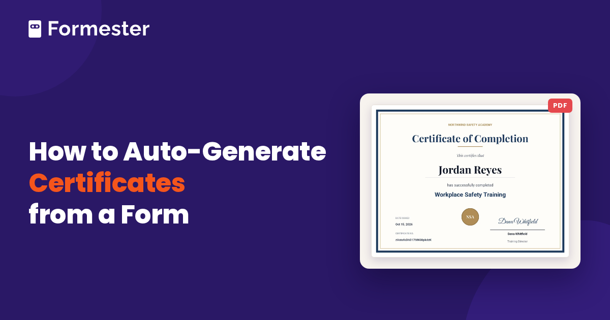 Cover reading How to Auto-Generate Certificates from a Form, with a filled-in certificate of completion for Jordan Reyes