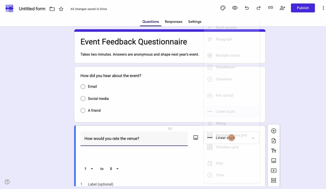 The Google Forms question type dropdown open on a rating question, showing Short answer, Paragraph, Multiple choice, Checkboxes, Dropdown, Linear scale, Rating and the grids