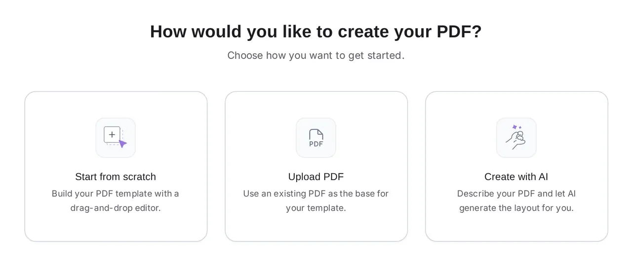 The Formester PDF Editor asking how to create the PDF: Start from scratch, Upload PDF, or Create with AI