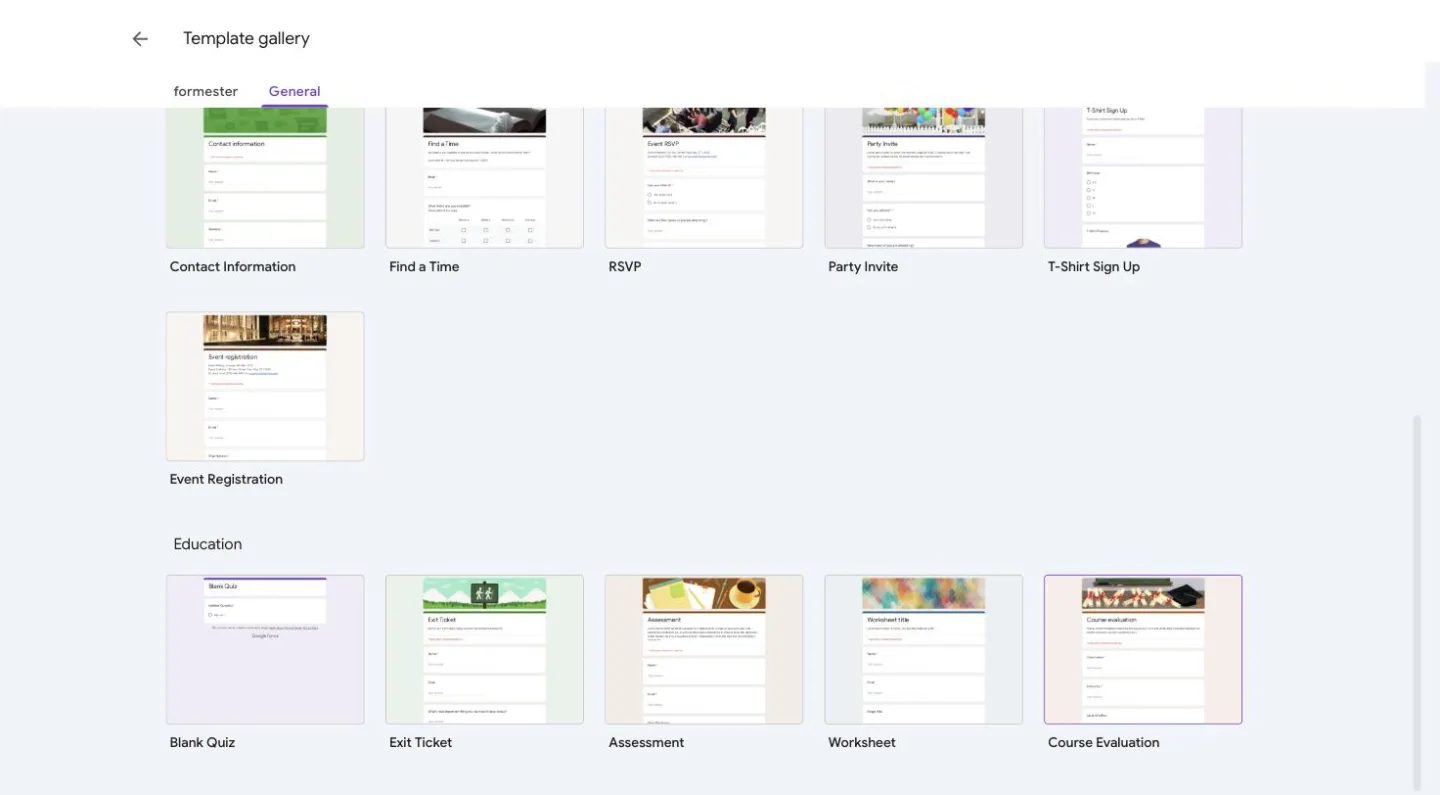 Google Forms template gallery with the Course Evaluation template highlighted in the Education section