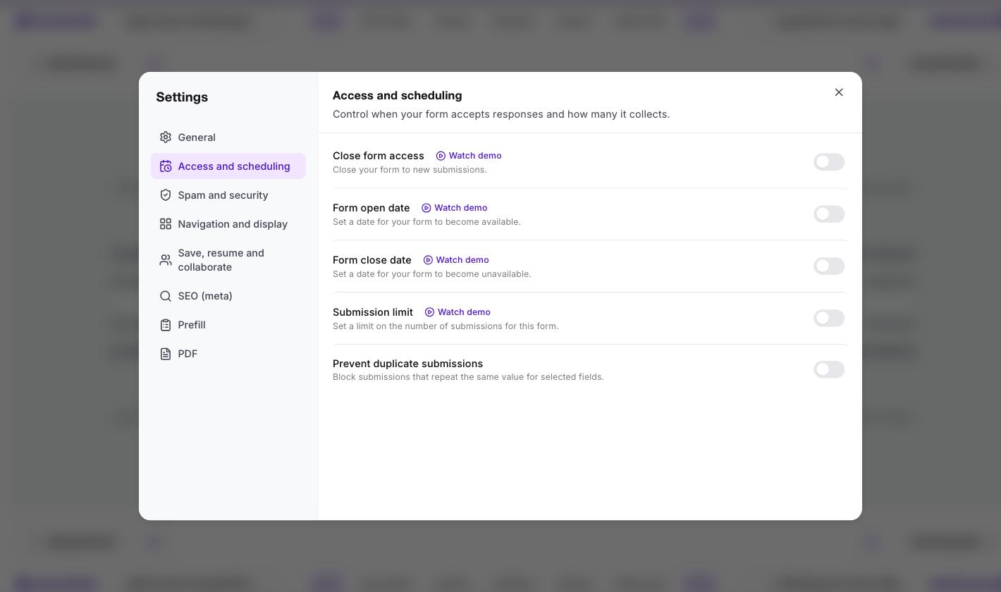 Formester Access and scheduling settings listing close form access, form open date, form close date, submission limit and prevent duplicate submissions
