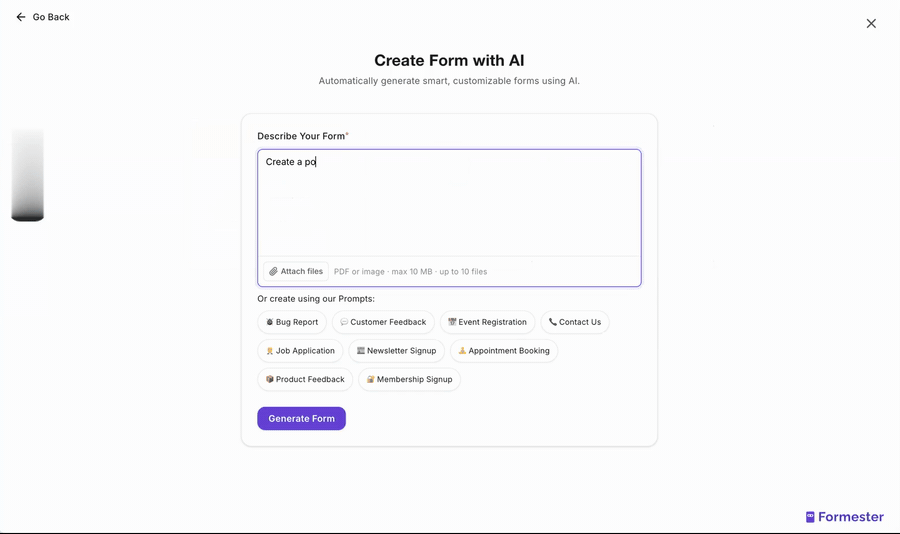 Formester AI generator building a full form from a one-sentence text prompt