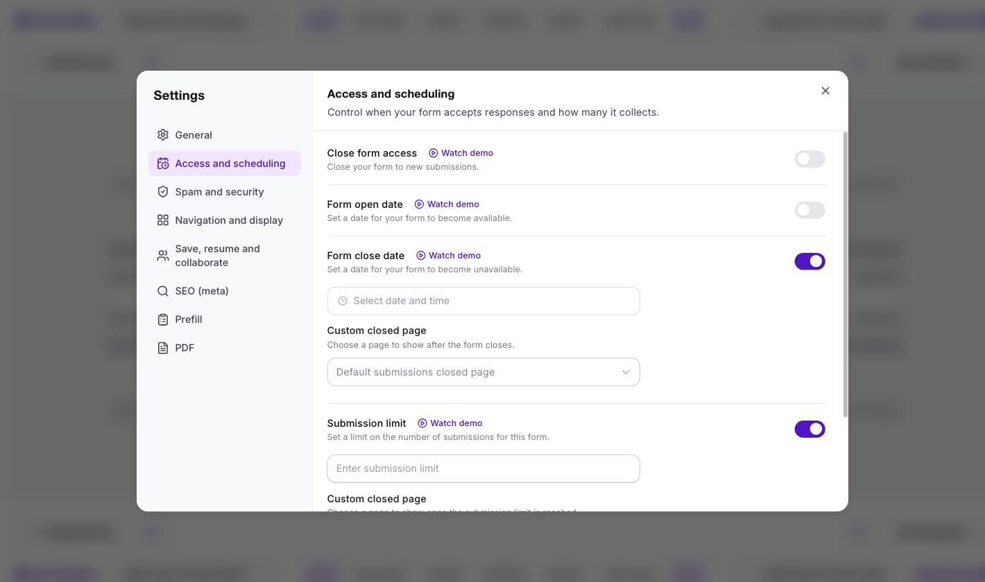 Formester with form close date and submission limit both switched on at the same time, each with its own custom closed page