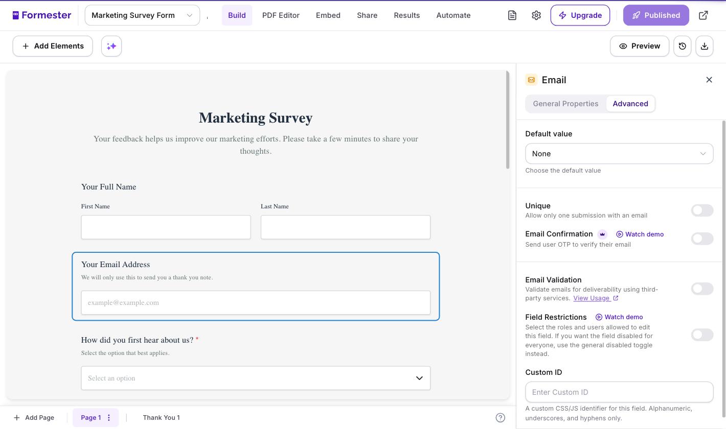 Formester form builder with an email field selected and the Advanced tab open in the right panel