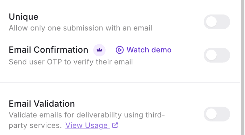 Formester email field Advanced settings showing the Unique, Email Confirmation and Email Validation toggles