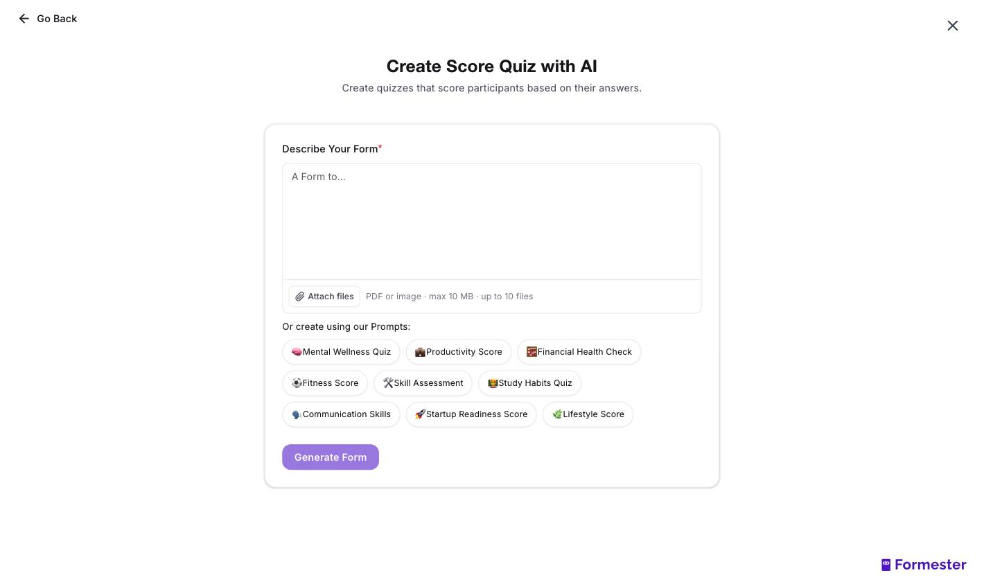 Formester's Create Score Quiz with AI screen with a Describe Your Form box and ready-made prompt suggestions