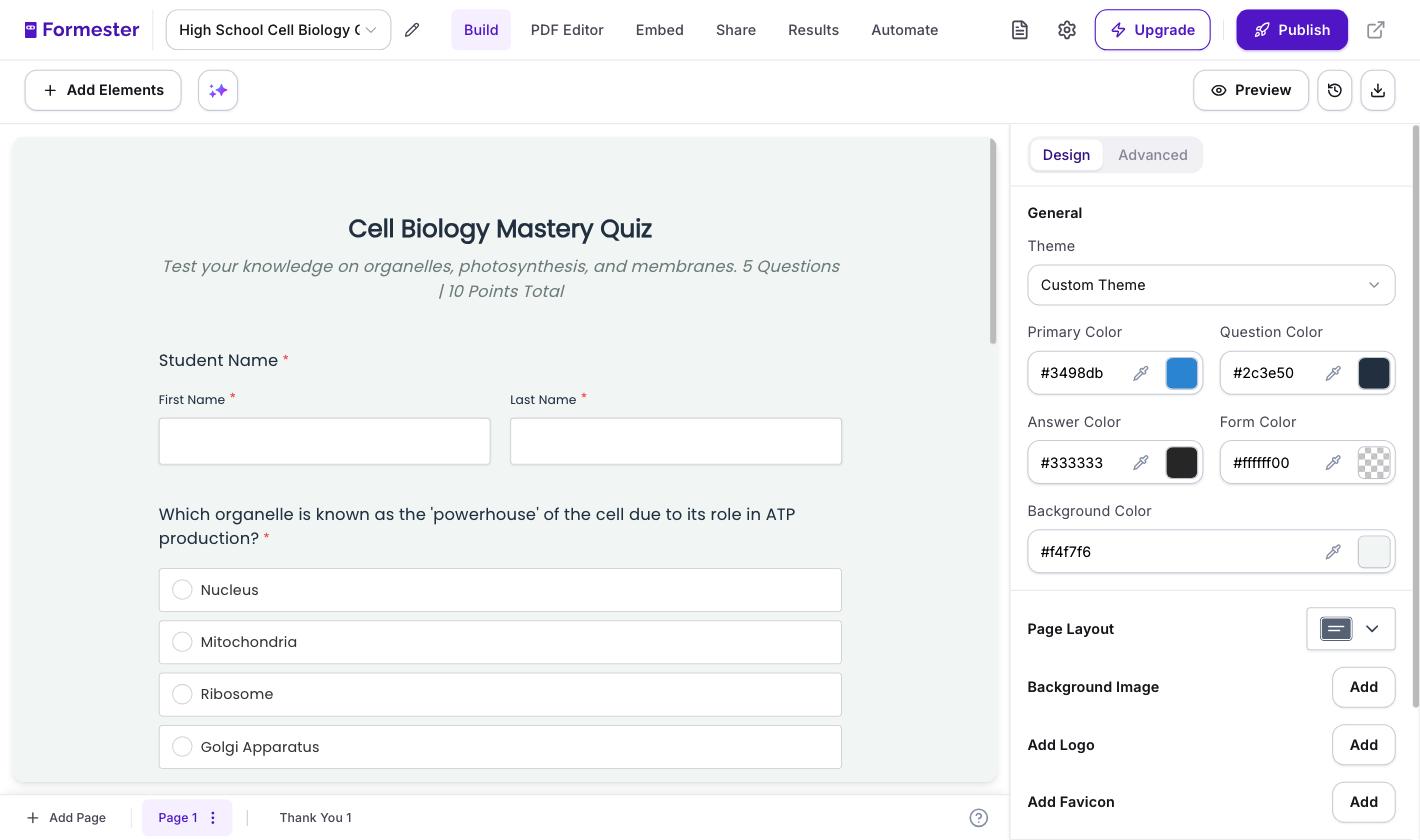 Formester builder showing a generated scored quiz titled Cell Biology Mastery Quiz, headed 5 Questions and 10 Points Total