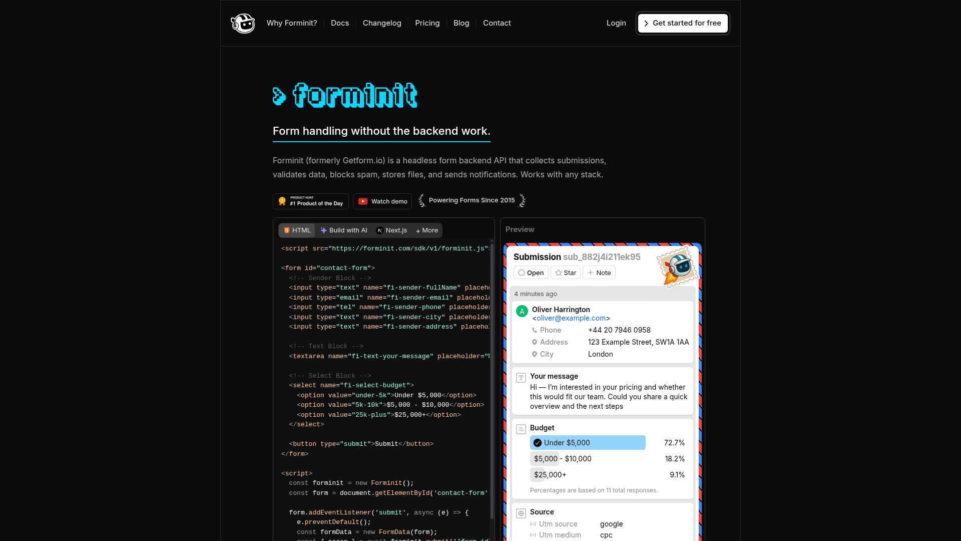 Getform homepage hero screenshot