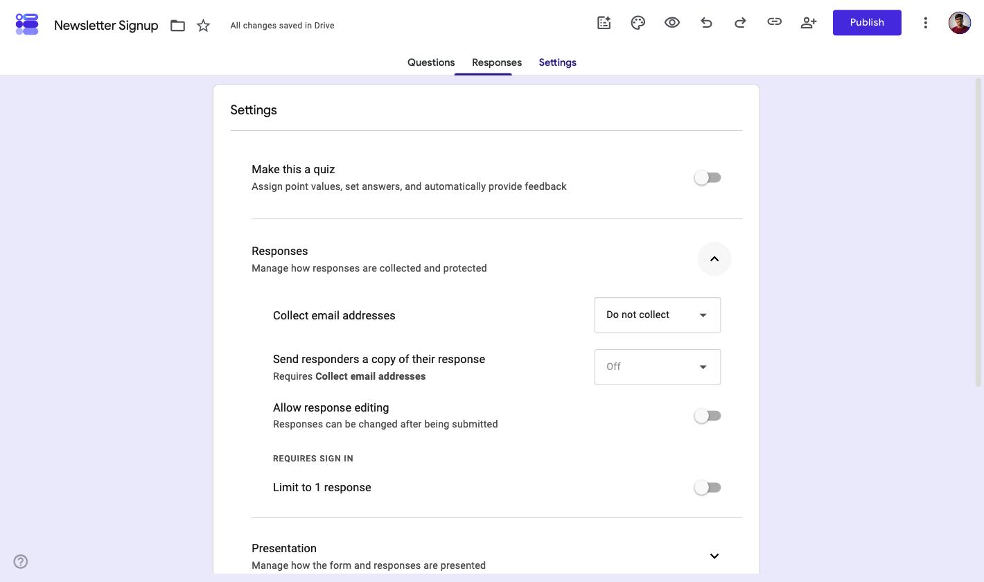 Google Forms Settings Responses section with Collect email addresses set to Do not collect and Send responders a copy greyed out