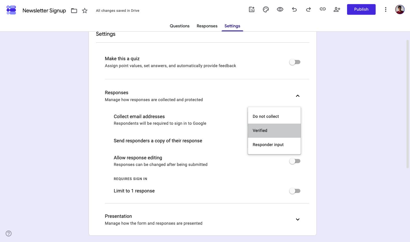 Collect email addresses dropdown open in Google Forms showing Do not collect, Verified and Responder input