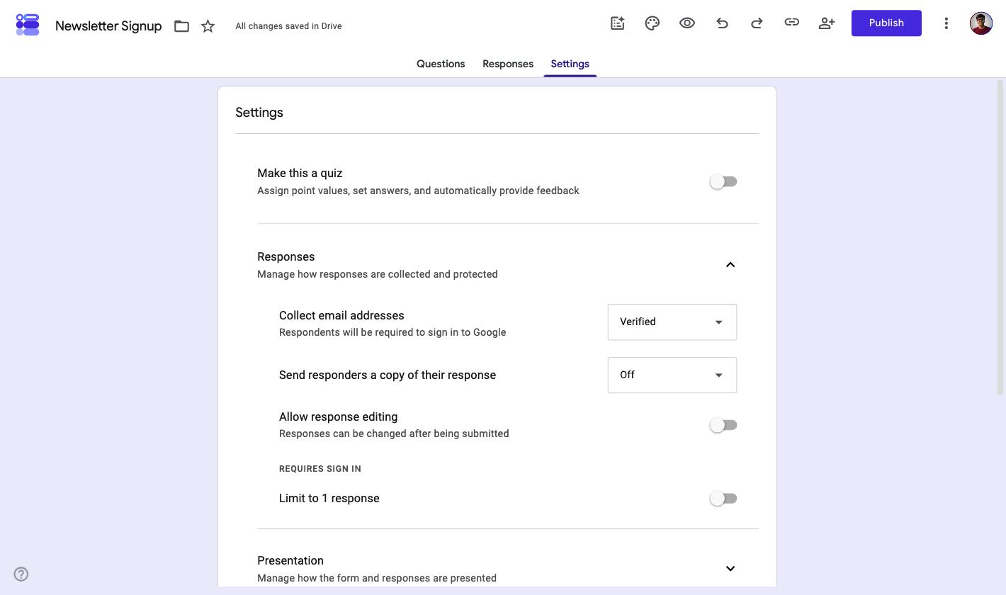 Collect email addresses set to Verified in Google Forms with the note respondents will be required to sign in to Google