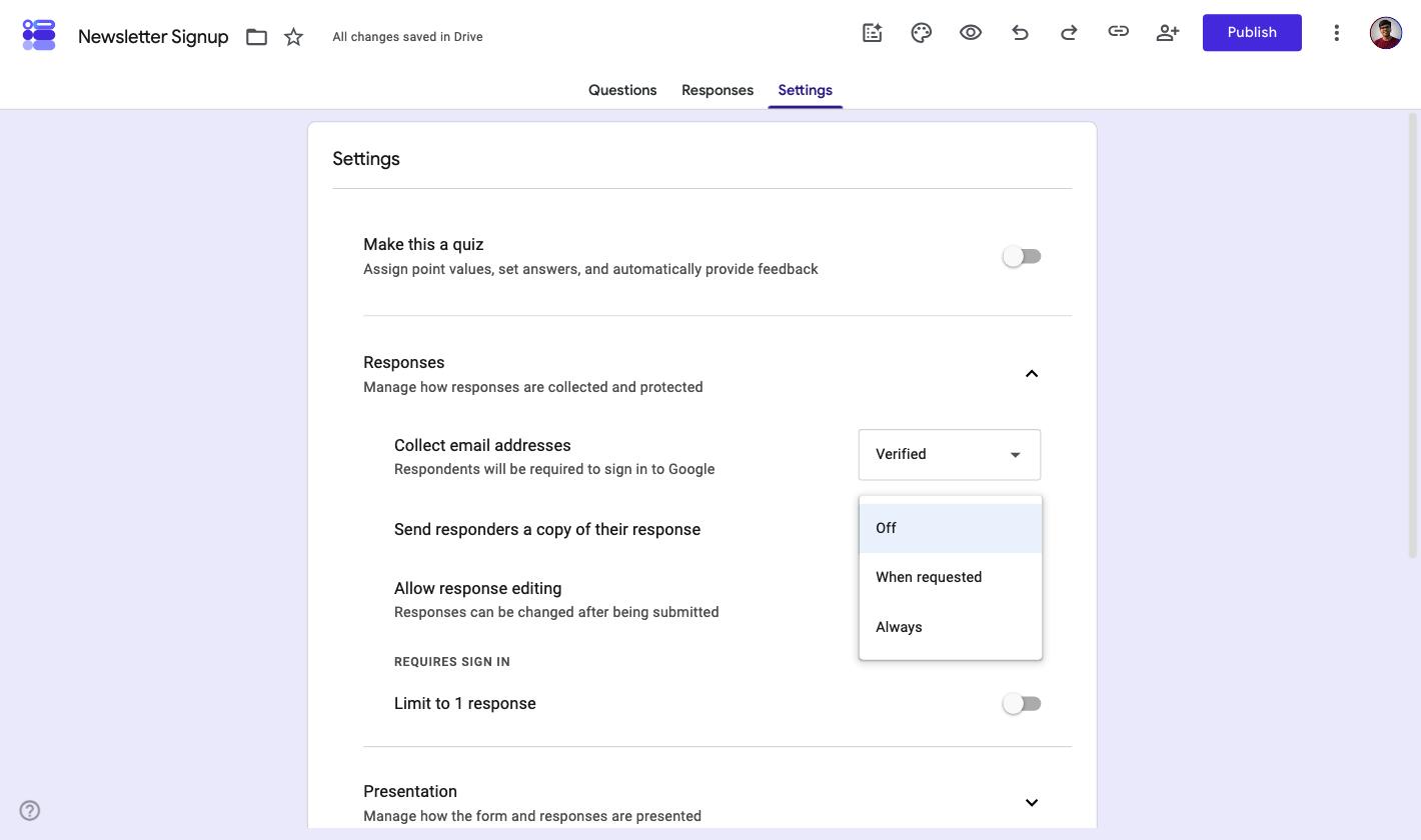 Send responders a copy of their response dropdown in Google Forms showing Off, When requested and Always