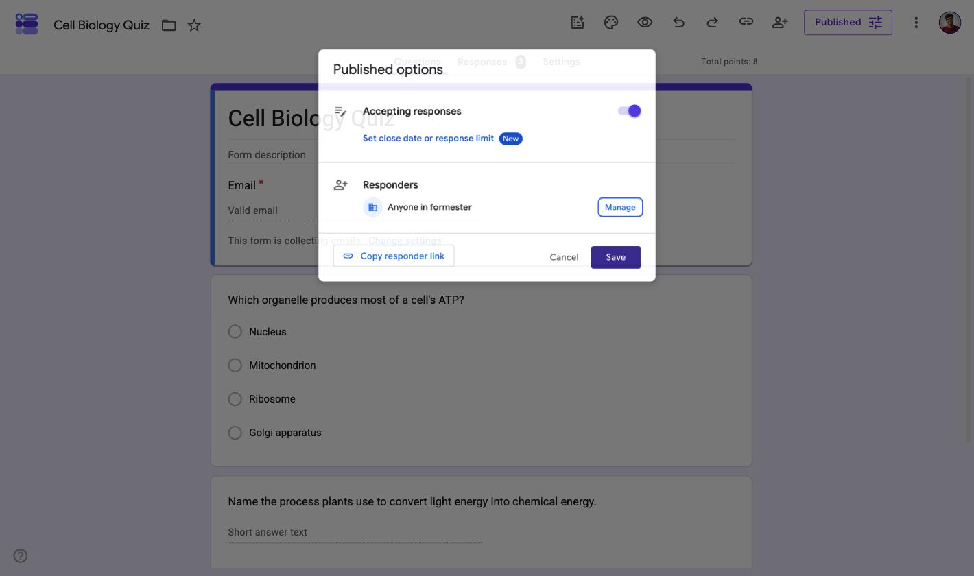 Google Forms Published options dialog with a Set close date or response limit link marked New