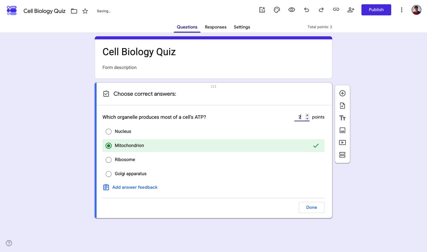 Answer key panel on a multiple choice question with Mitochondrion marked correct and the question set to 2 points