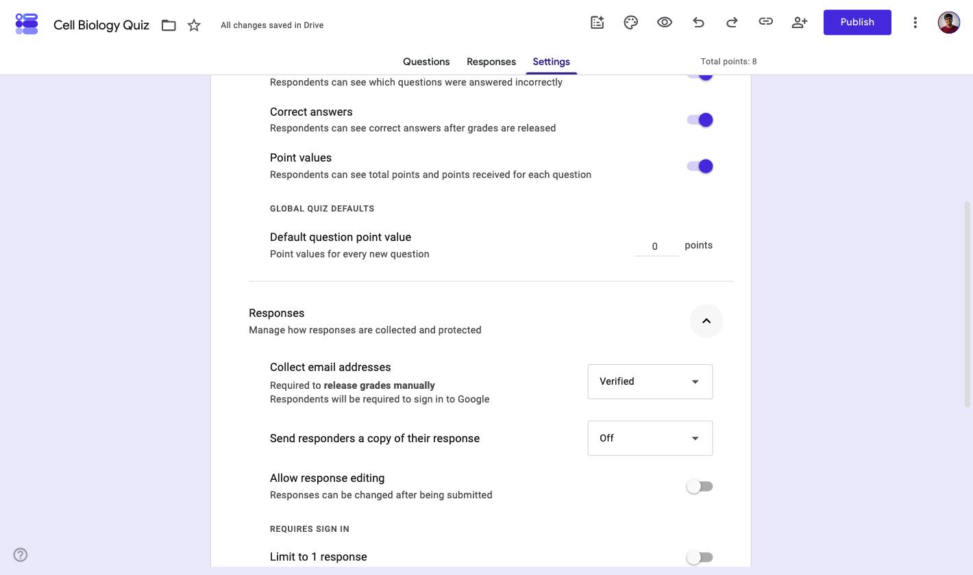 Collect email addresses set to Verified, labelled Required to release grades manually and Respondents will be required to sign in to Google