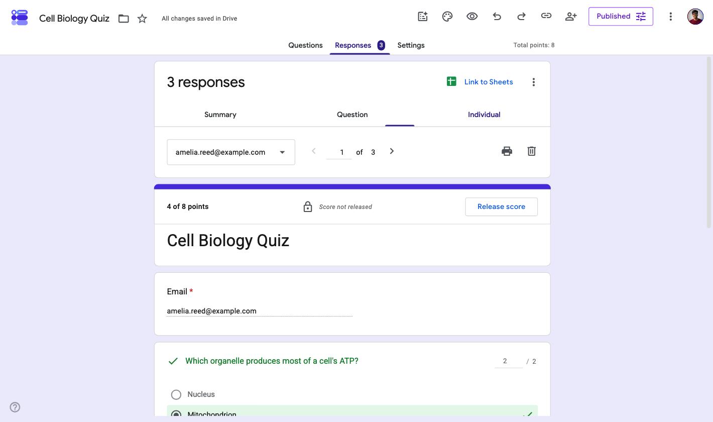Individual response view showing 4 of 8 points, a padlock reading Score not released, and the Release score button