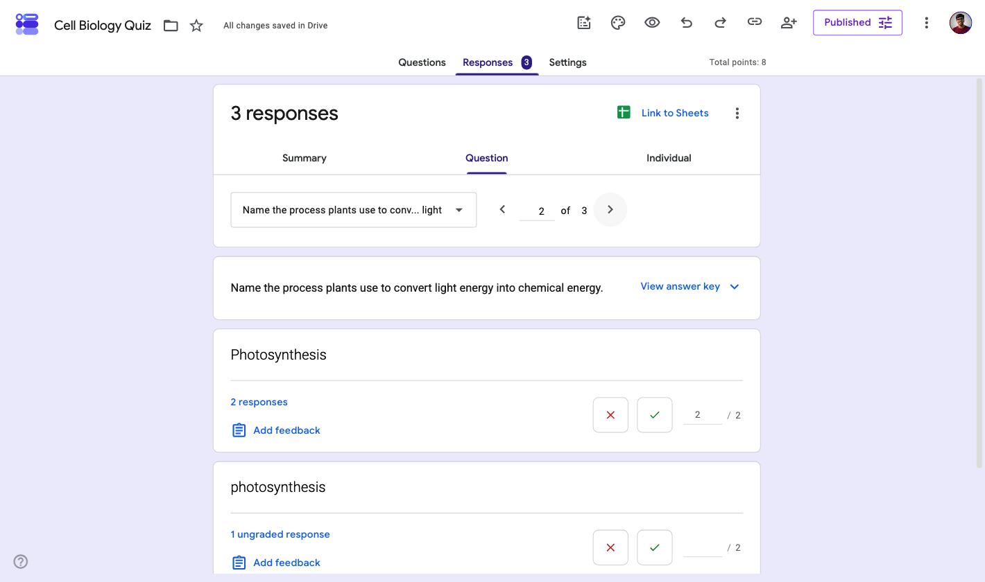 Question view showing Photosynthesis graded 2 out of 2 while the lowercase photosynthesis sits as one ungraded response with an empty points box