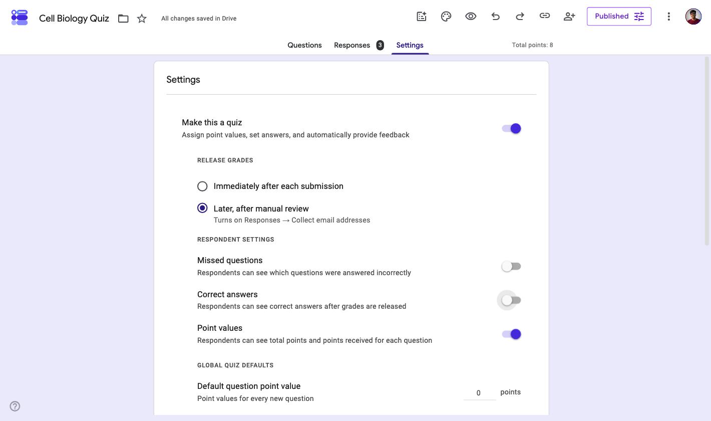 Google Forms Respondent settings with Missed questions and Correct answers switched off while Point values stays on