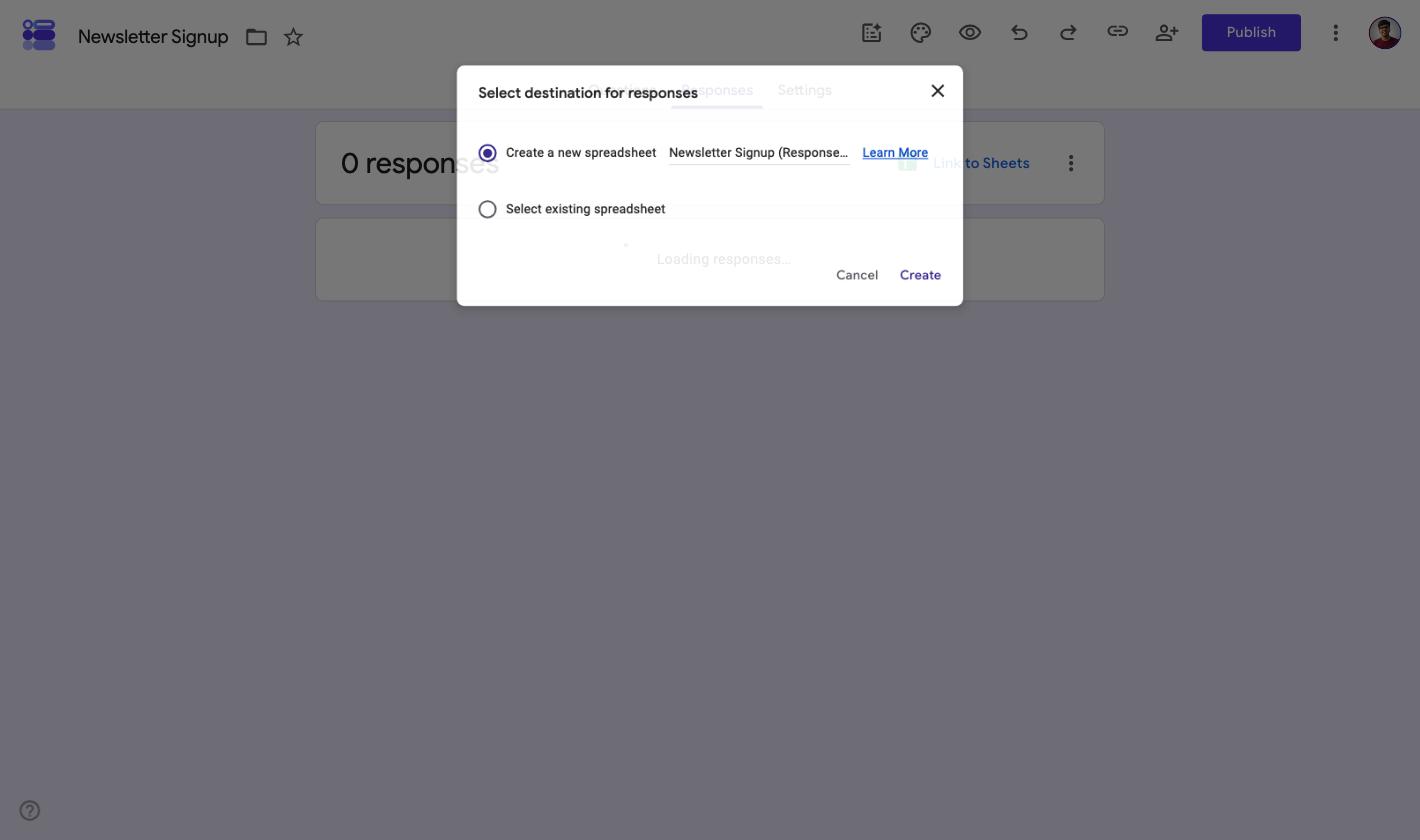 Google Forms Select destination for responses dialog with Create a new spreadsheet chosen and a Create button