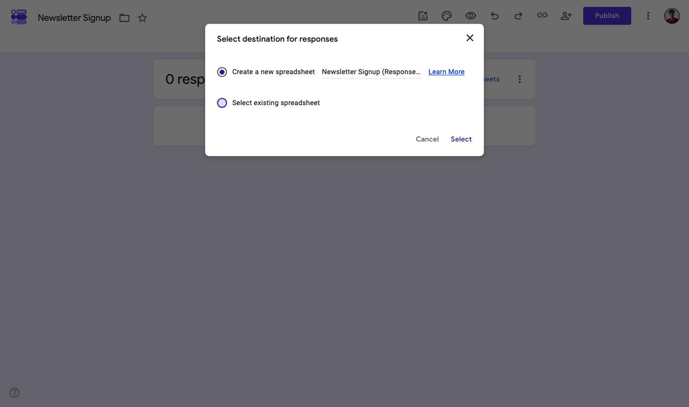 Google Forms Select destination for responses dialog with Select existing spreadsheet chosen and the button changed to Select