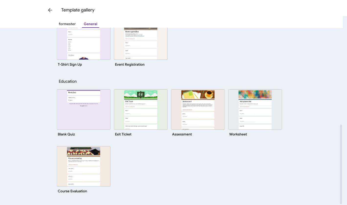 Google Forms template gallery Education section showing Blank Quiz, Exit Ticket, Assessment, Worksheet and Course Evaluation