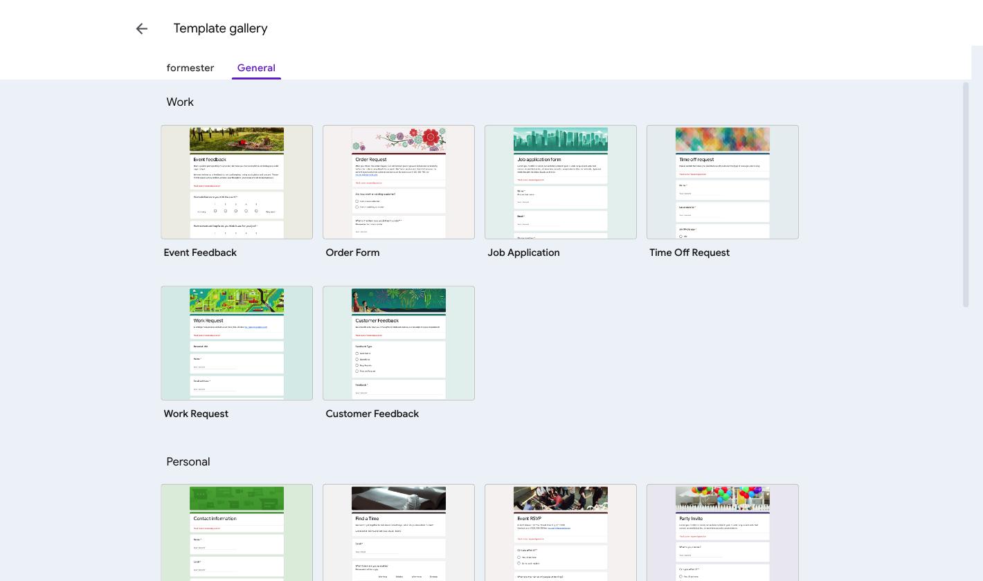 Google Forms template gallery Work section showing Event Feedback, Order Form, Job Application, Time Off Request, Work Request and Customer Feedback