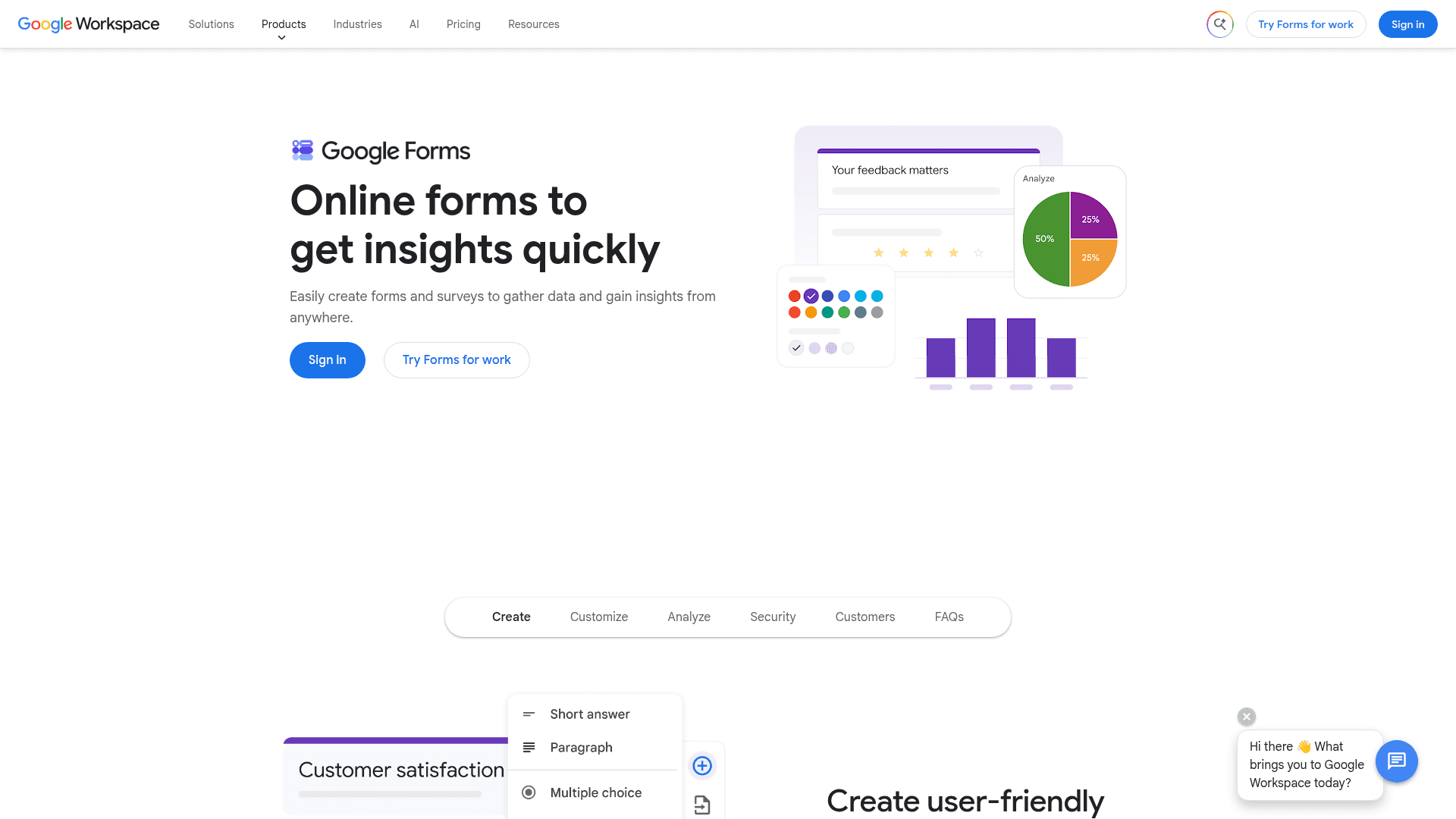 Google Forms homepage hero screenshot