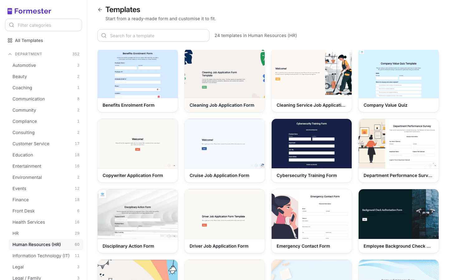 Formester template gallery filtered to Human Resources department, showing 60 HR forms including benefits enrolment, disciplinary action, employee background check, and emergency contact templates