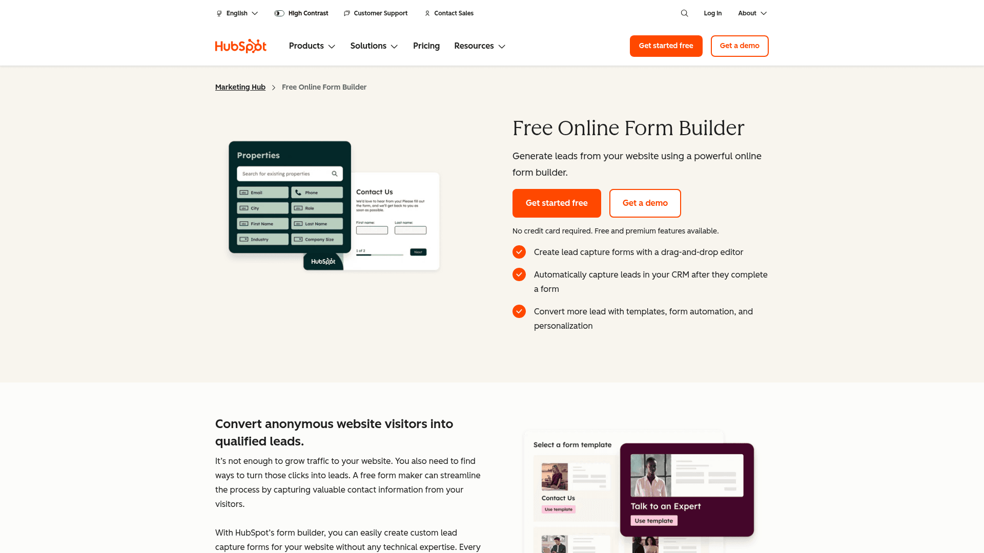 HubSpot Forms homepage hero screenshot