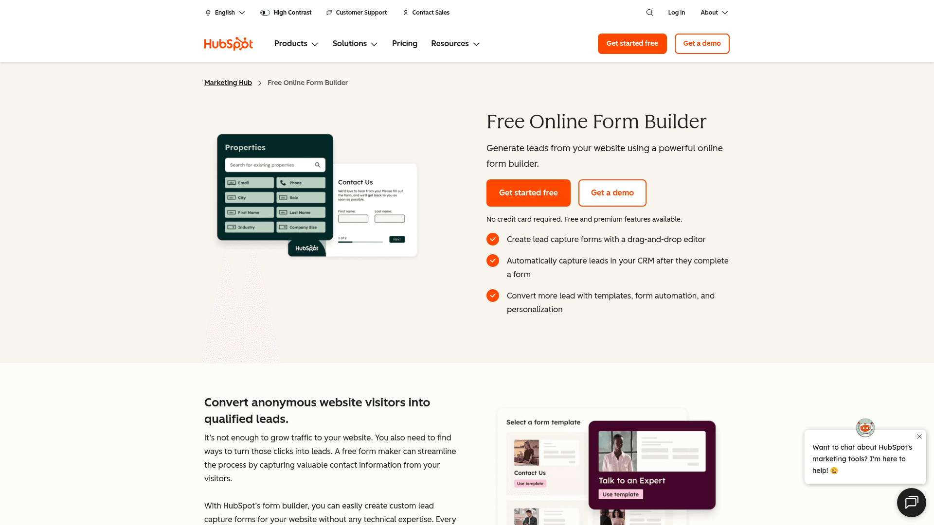 HubSpot Forms homepage hero screenshot