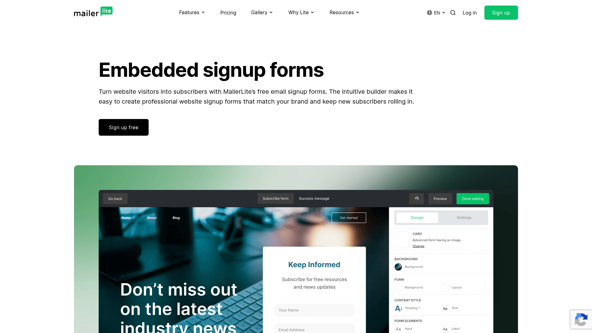 MailerLite homepage hero screenshot