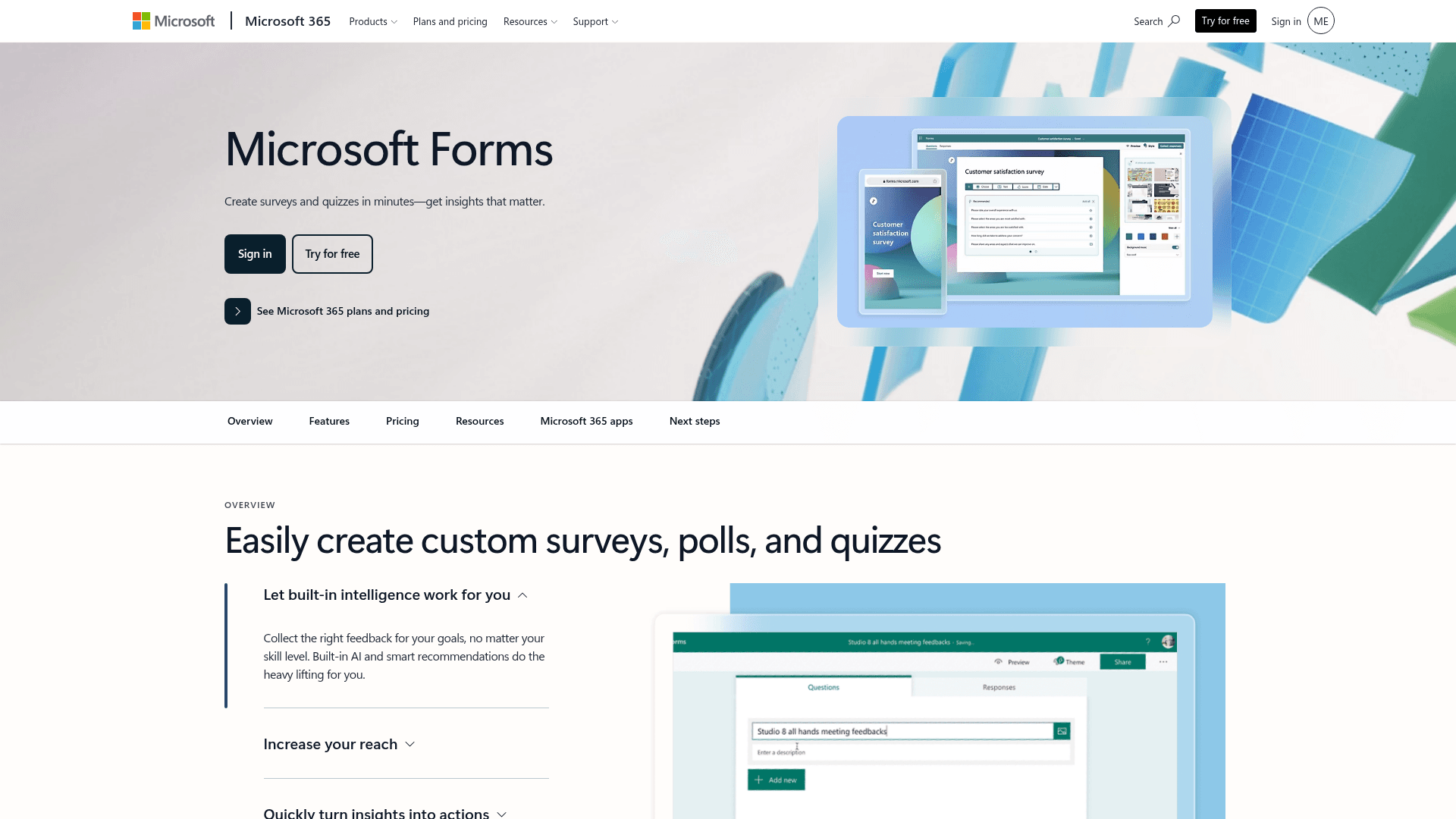 Microsoft Forms homepage hero screenshot