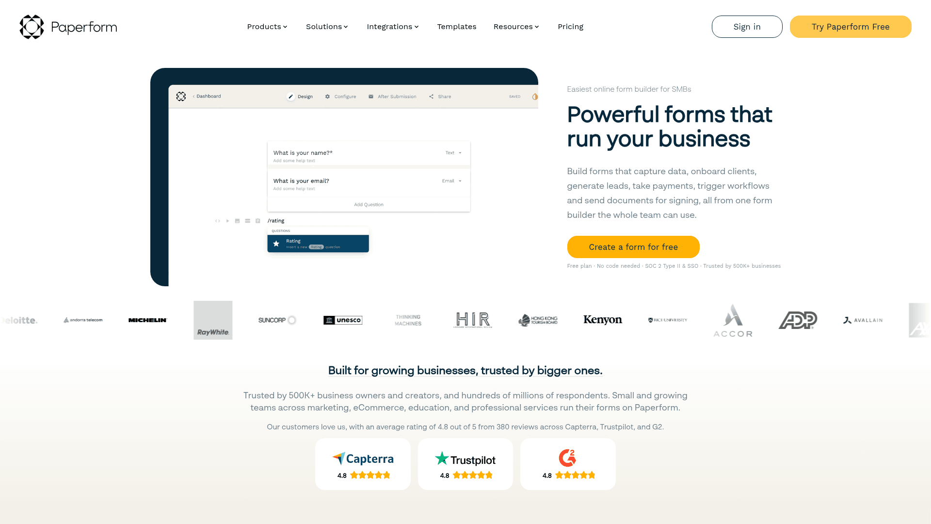 Paperform homepage hero screenshot