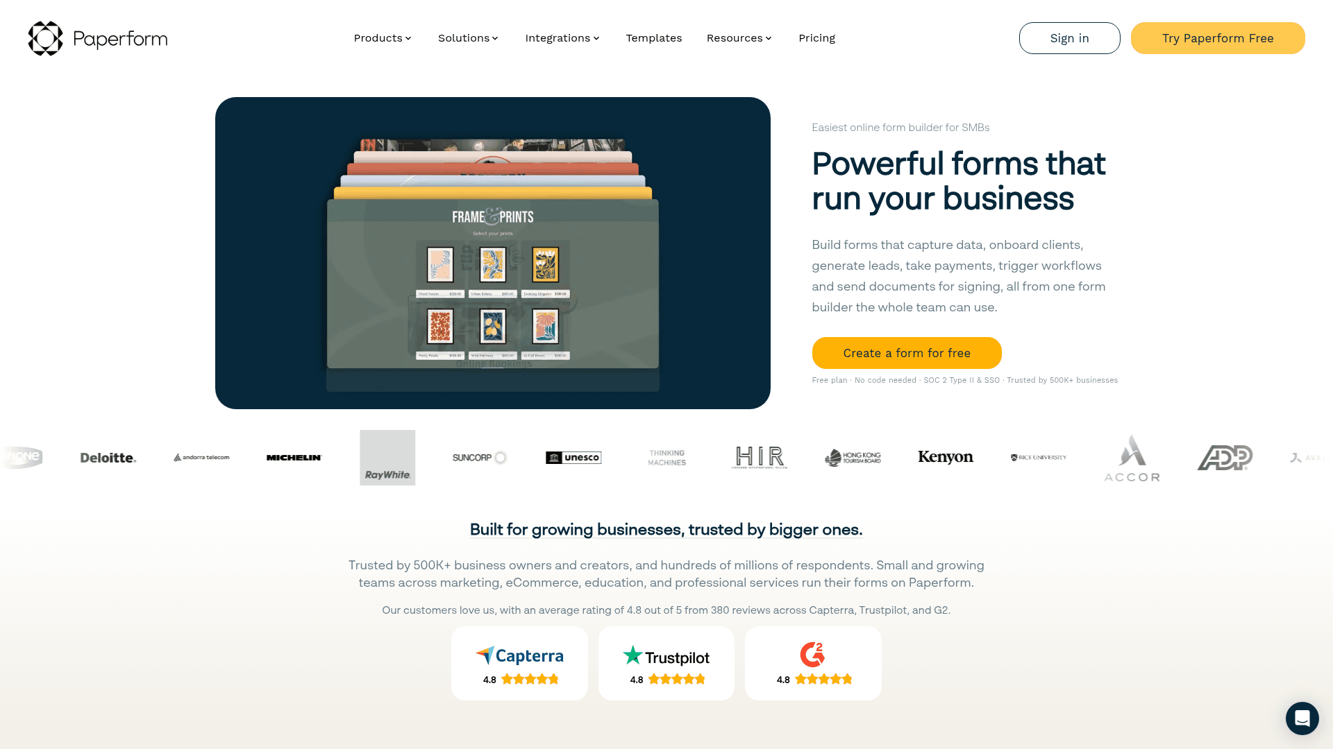 Paperform homepage hero screenshot