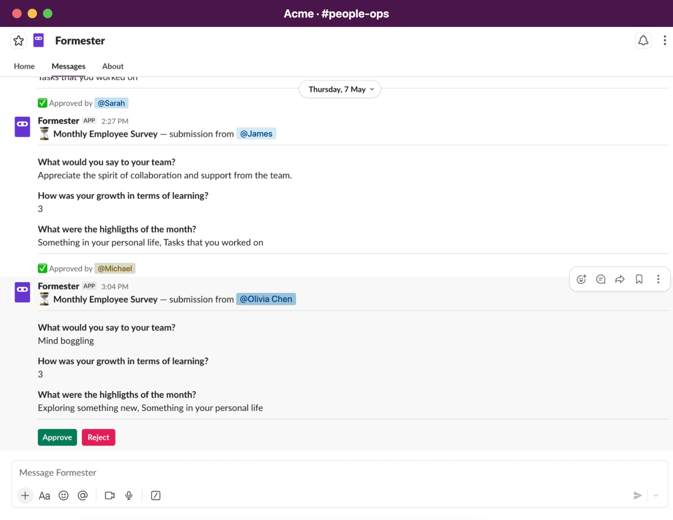 Formester approval message in Slack with Approve and Reject buttons