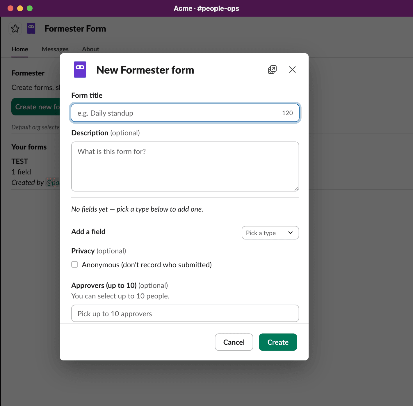 New Formester form modal in Slack