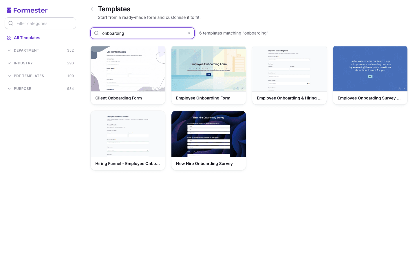 Formester template gallery filtered to onboarding forms, showing employee onboarding form, employee onboarding survey, client onboarding form, and new hire onboarding survey templates