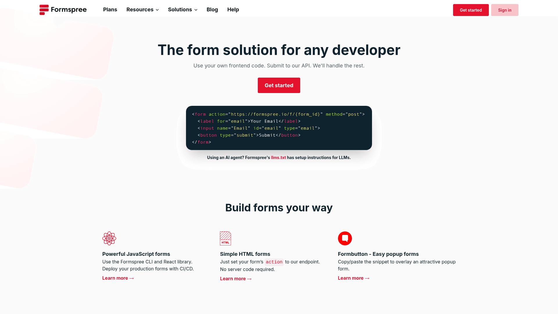 Formspree homepage hero screenshot