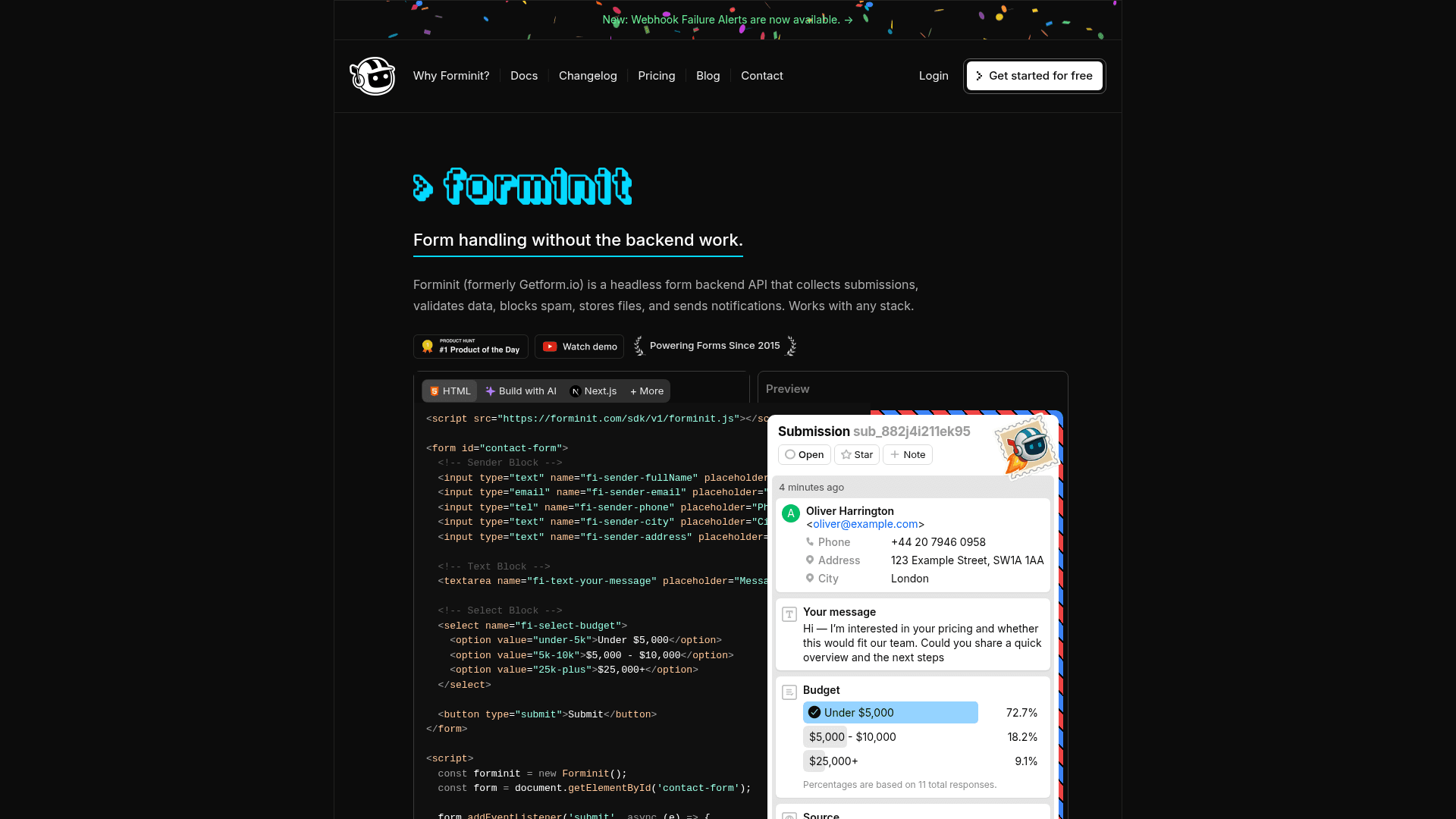 Getform homepage hero screenshot