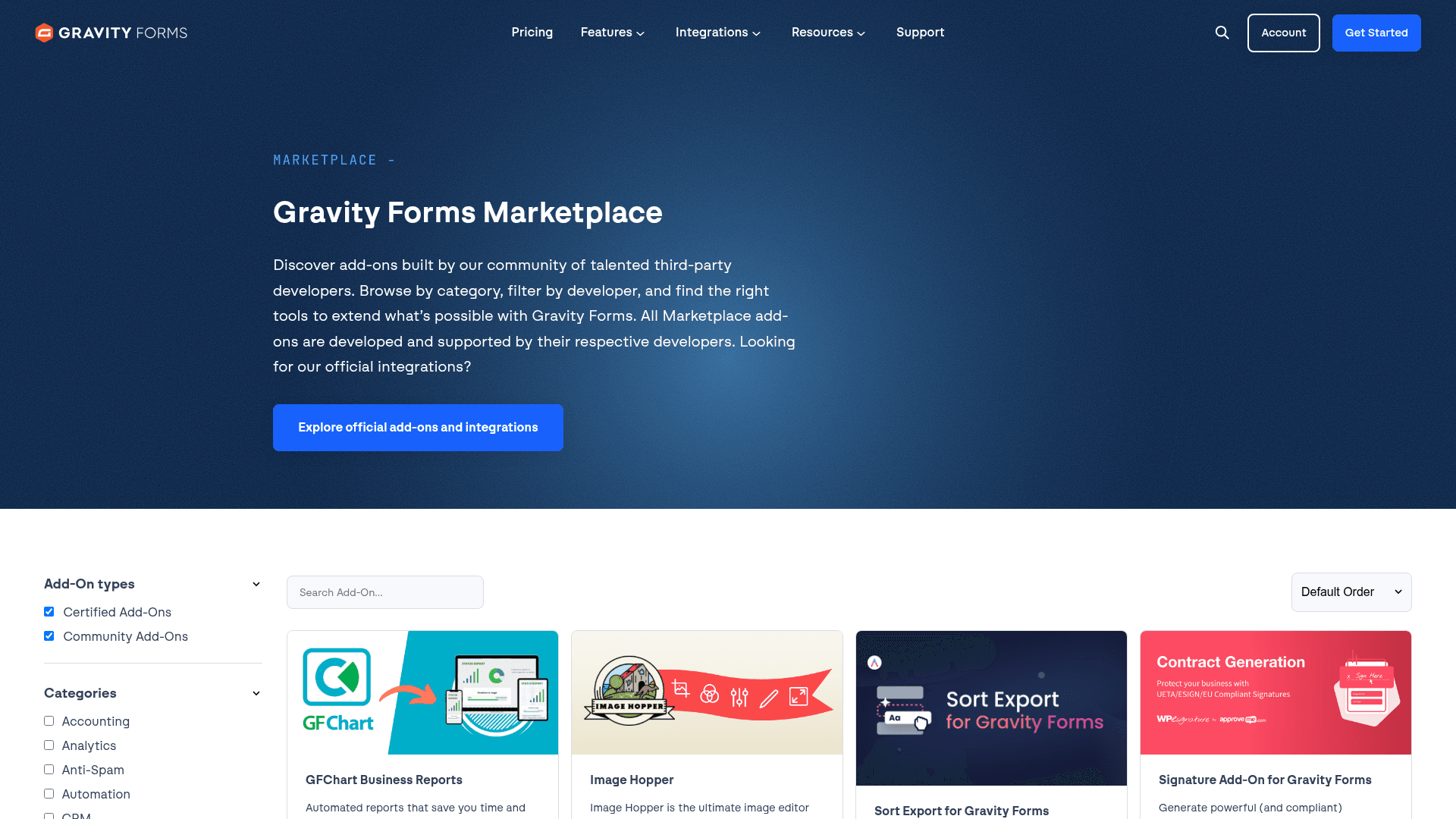 Gravity Forms add-ons page screenshot