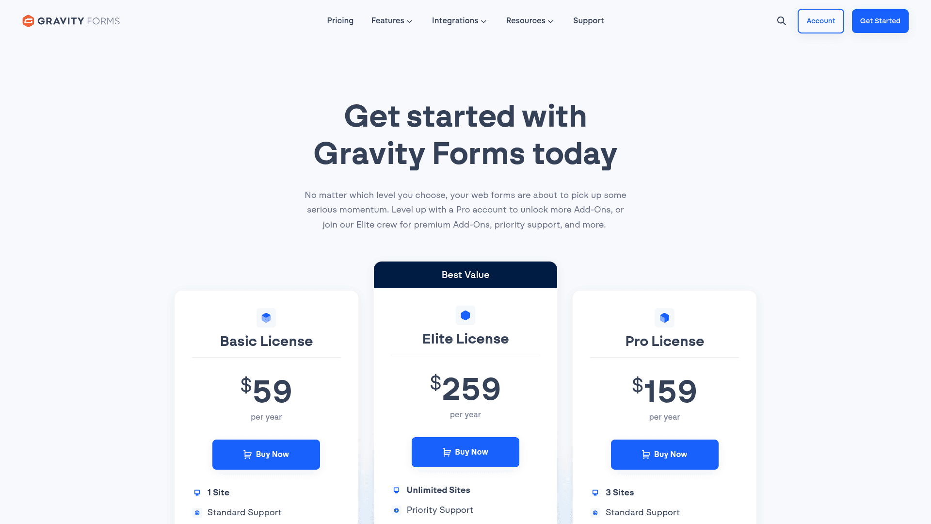 Gravity Forms pricing page screenshot