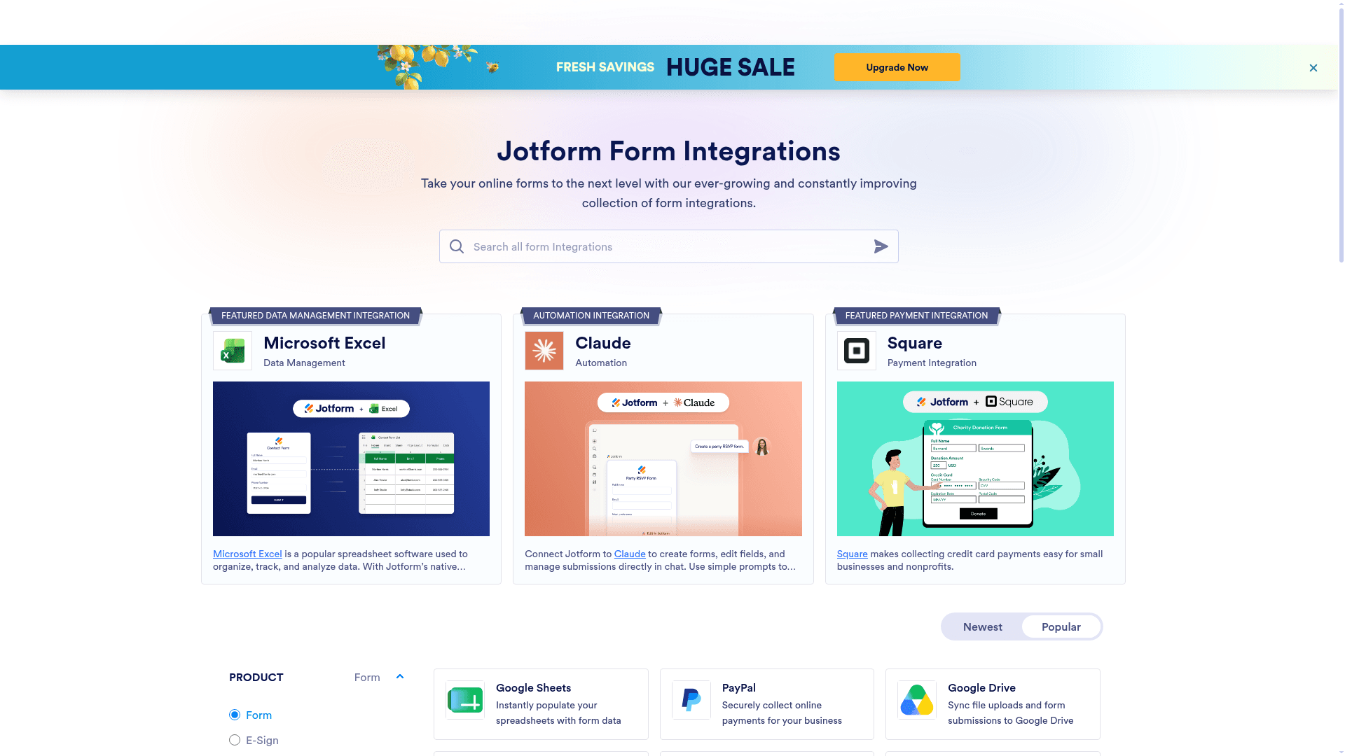 Jotform integrations catalog screenshot